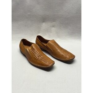 Jump for the People Mens Tan Leather Perforated Woven Slip On Loafers 10.5